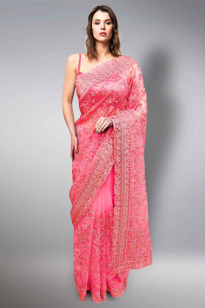 Pink Net Saree