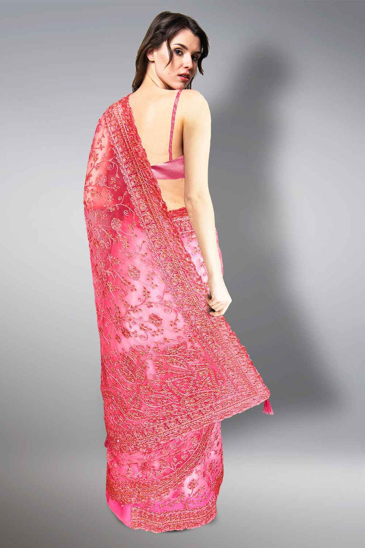 Pink Net Saree