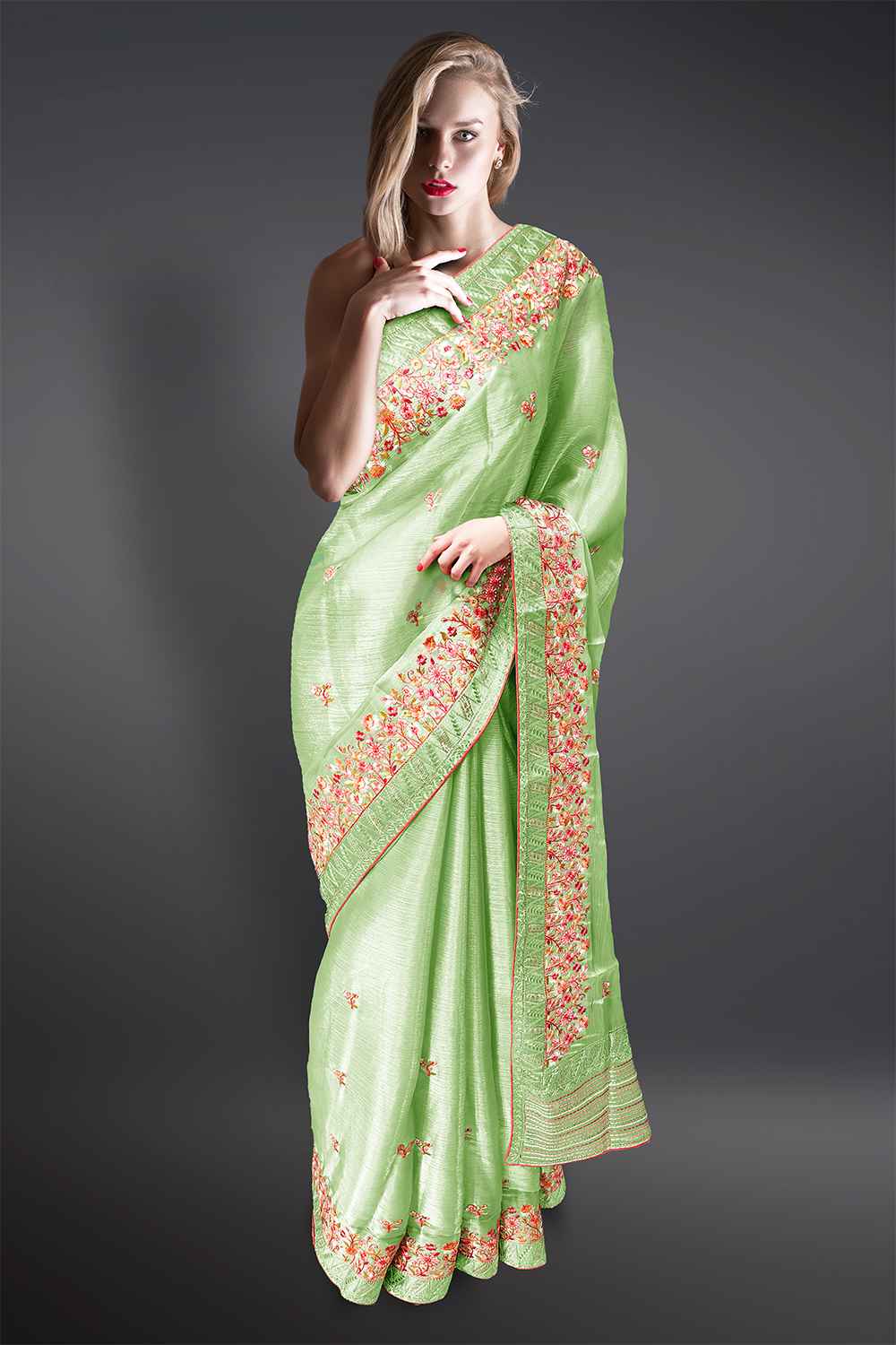 Pista Green Organza Silk Saree
