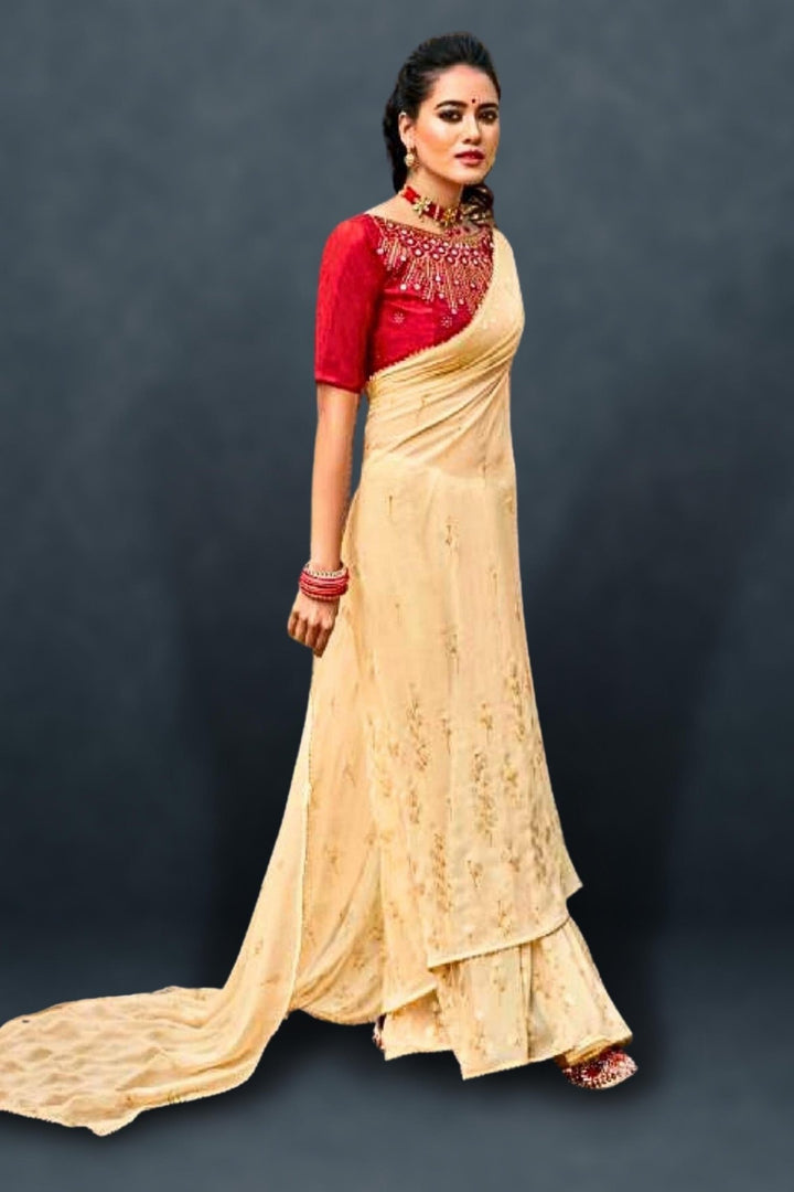 cream colour saree with contrast blouse
