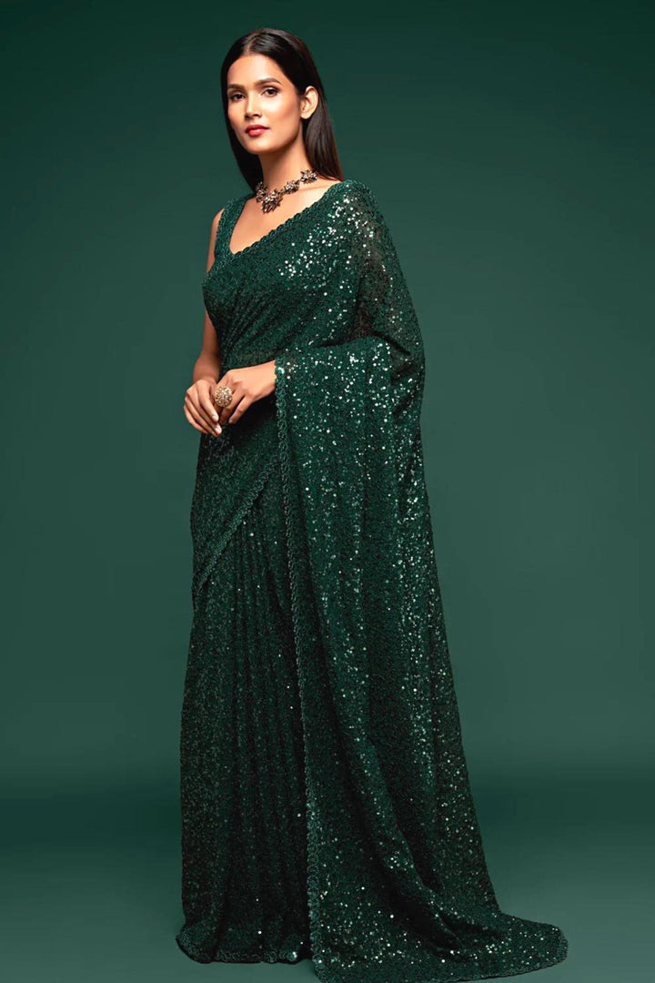 green sequin saree - bottle green sequin saree