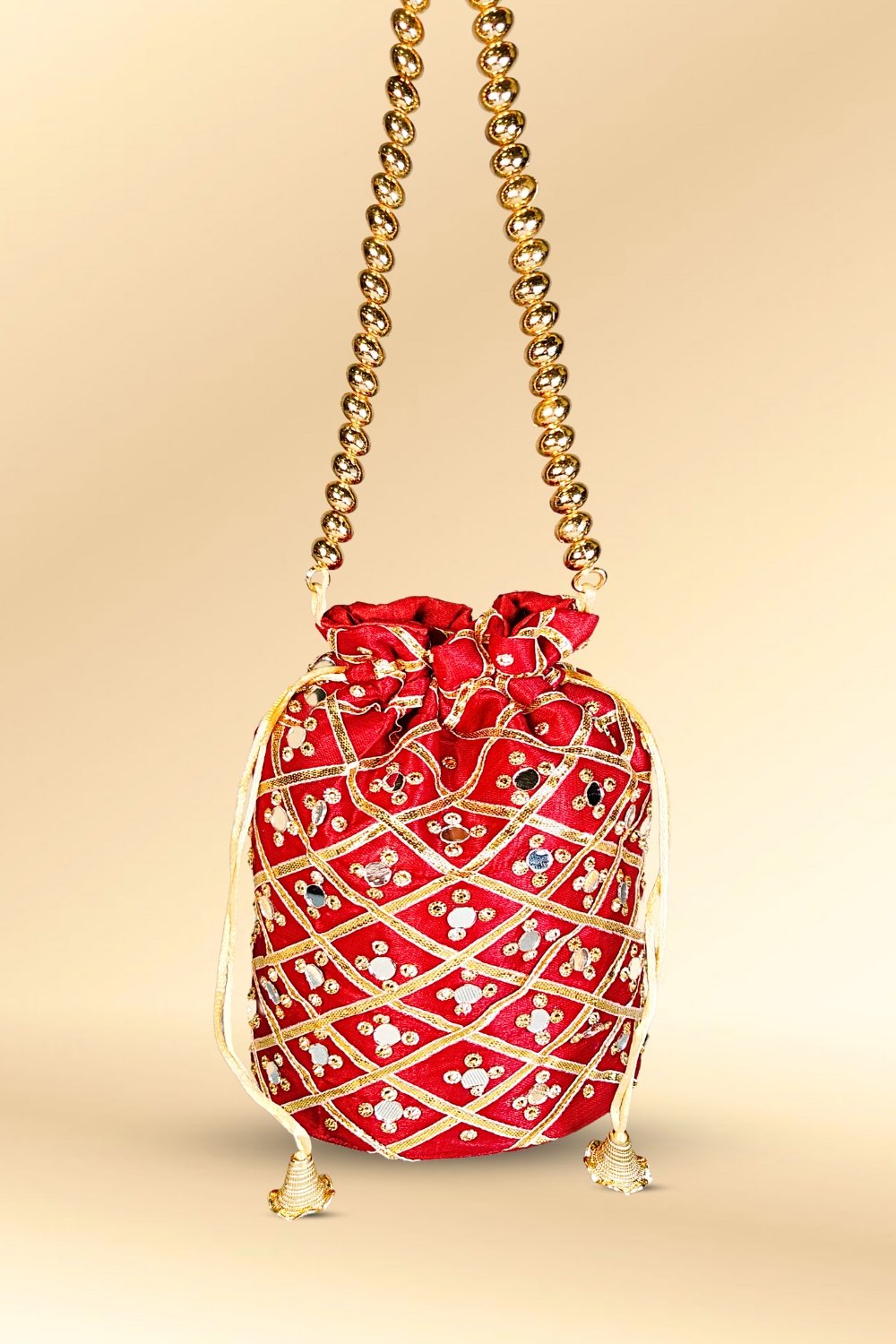 maroon mirror work potli bag