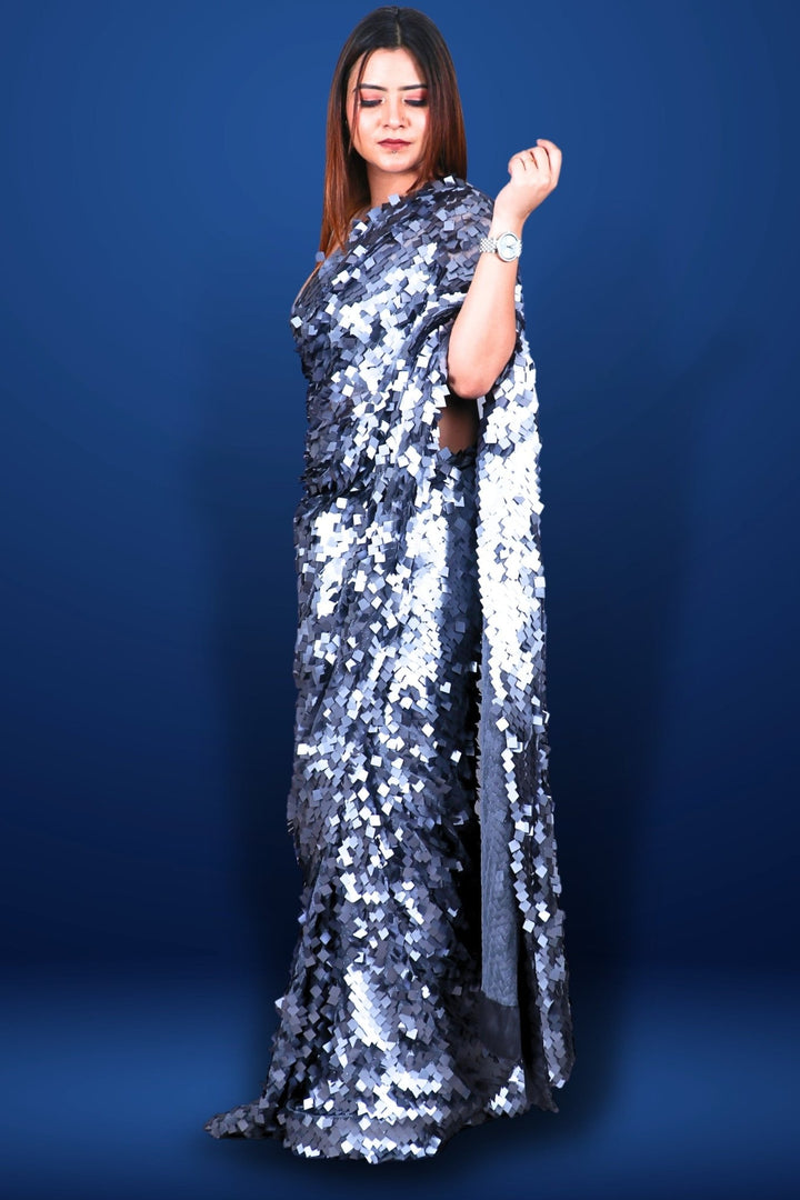 metallic silver saree