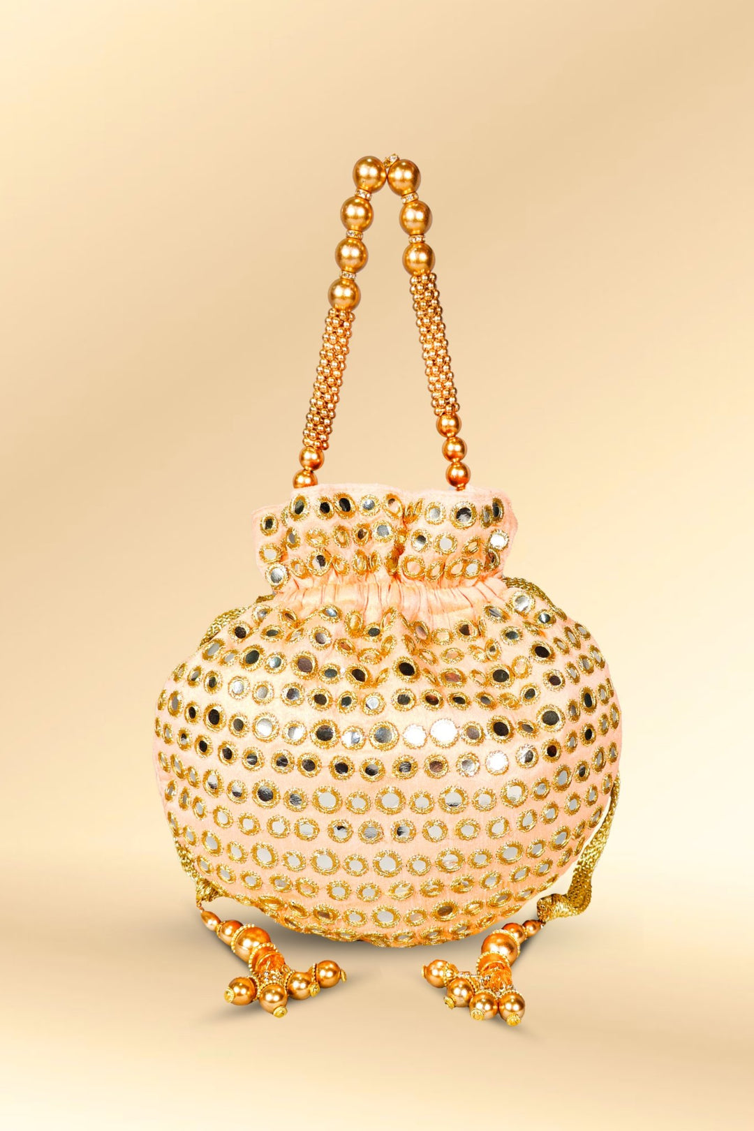 peach mirror work potli bag