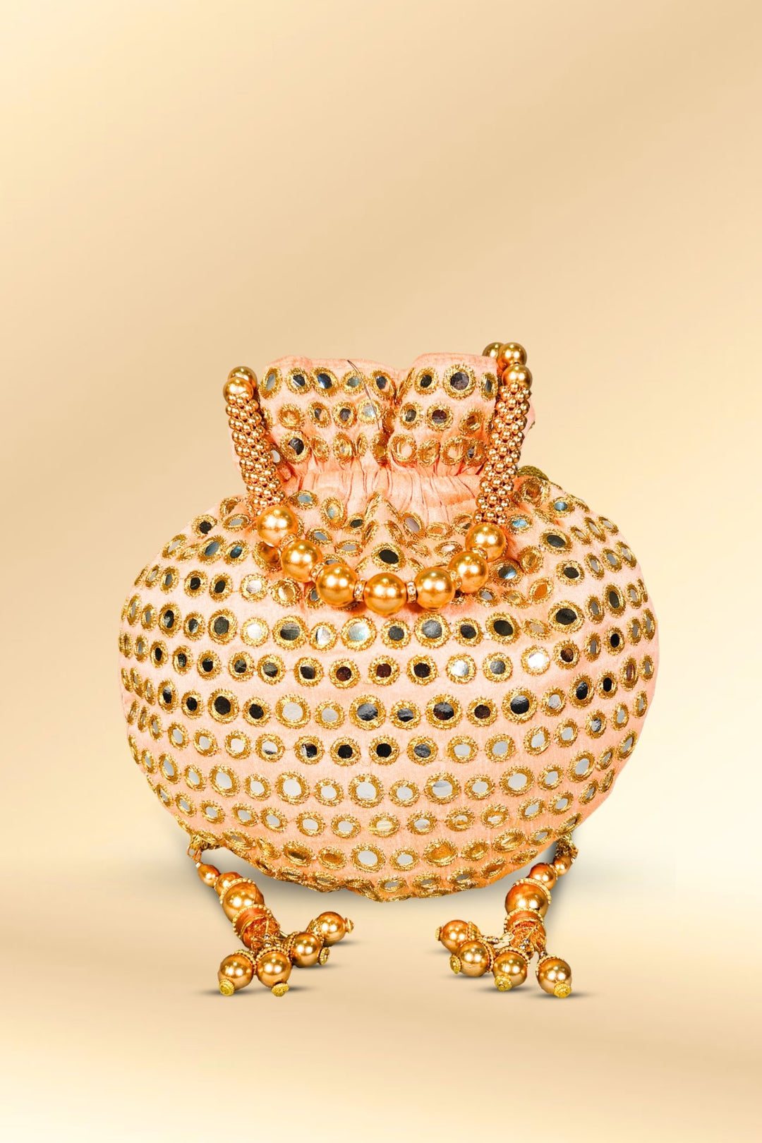 peach mirror work potli bag