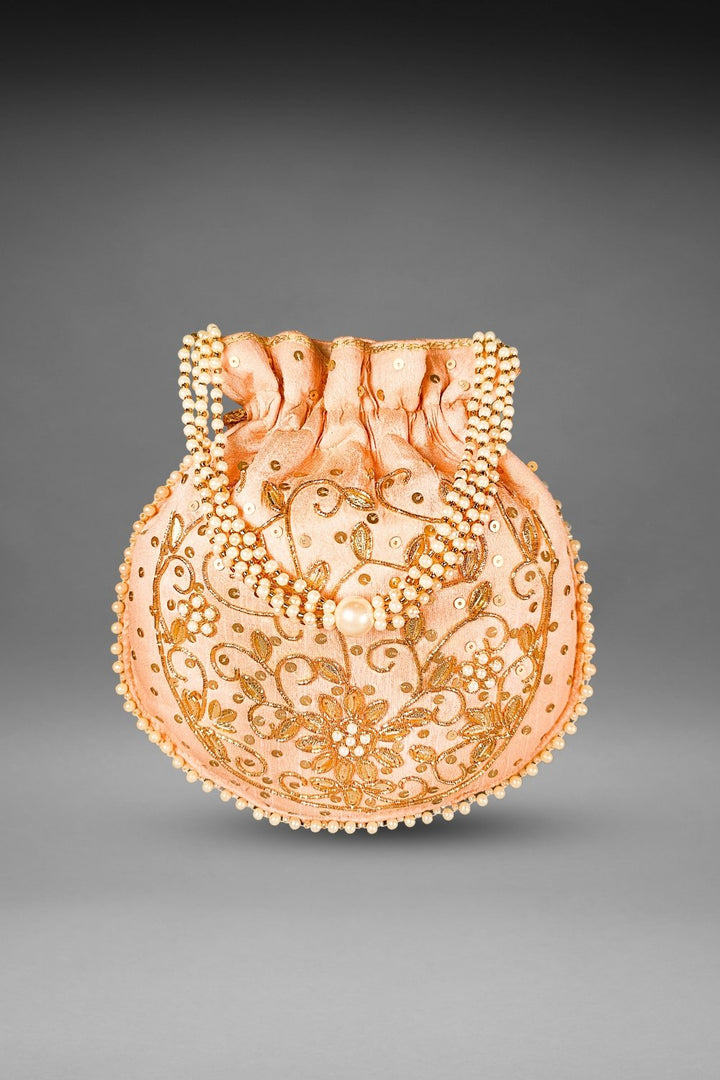 peach pearl work potli bag