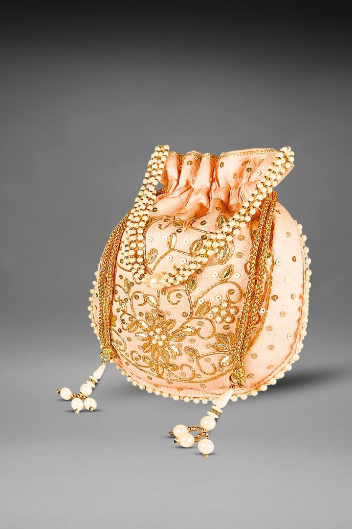 peach pearl work potli bag