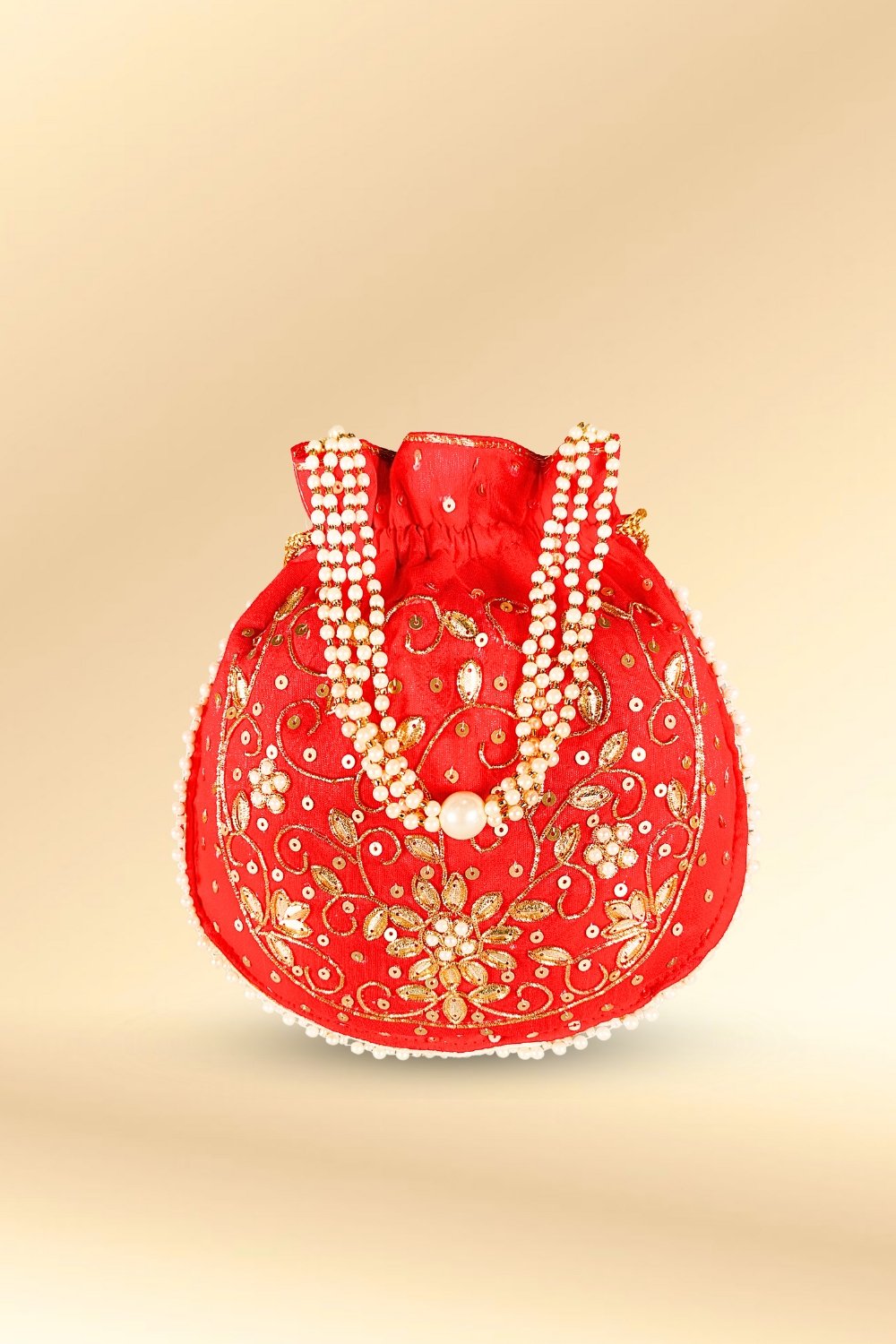 red pearl work potli bag