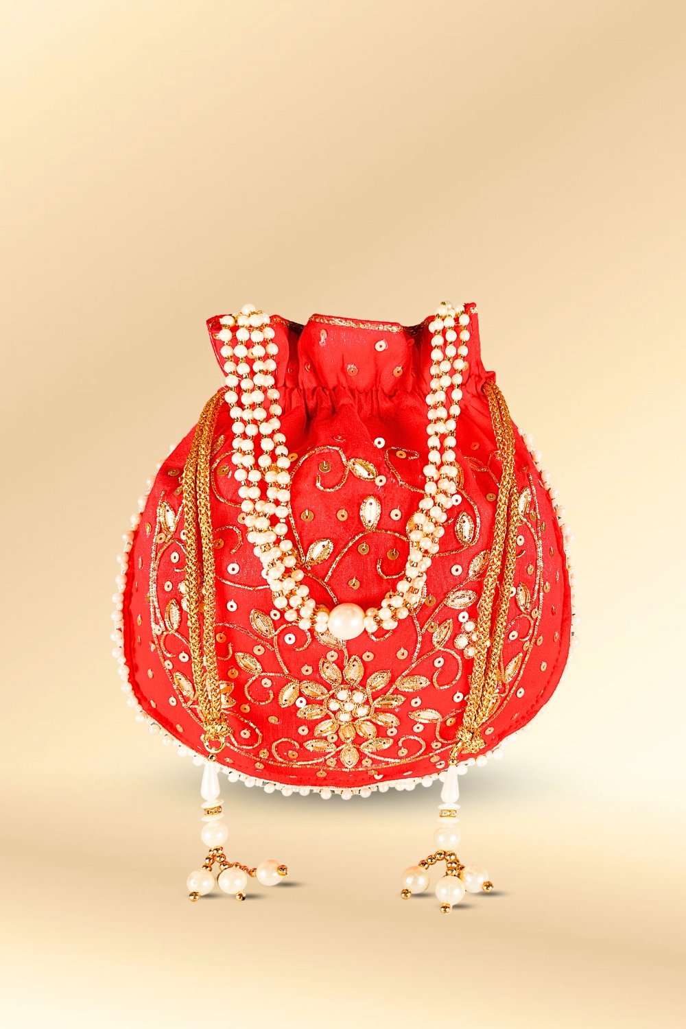 red pearl work potli bag