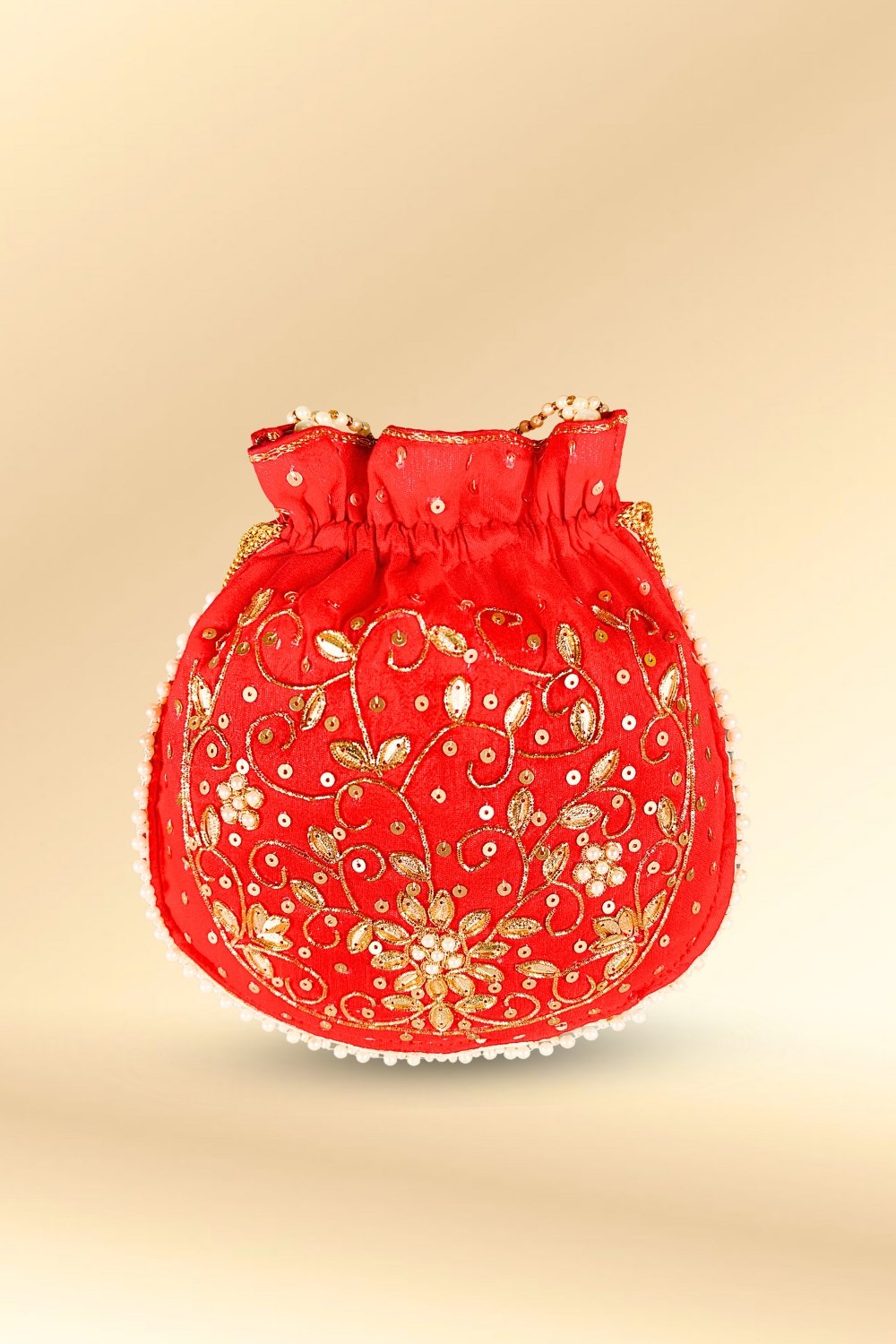 red pearl work potli bag