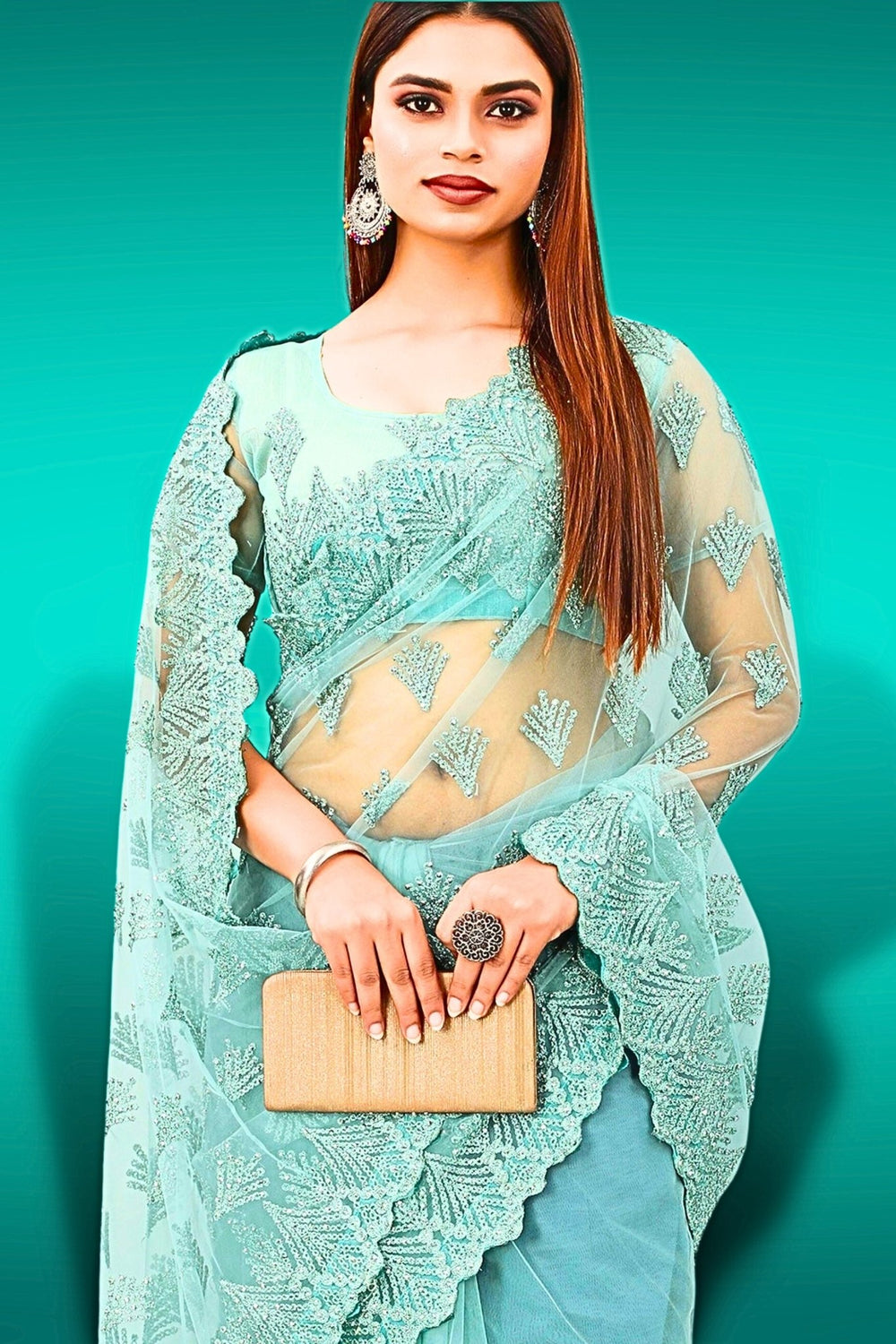 sky blue net saree - light blue net saree