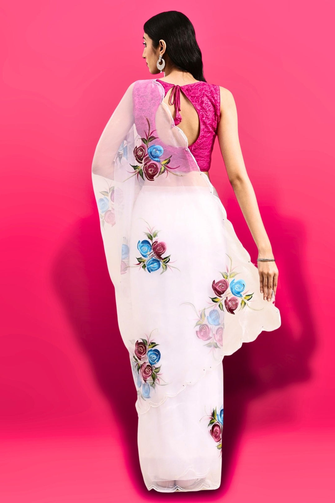 white floral saree - white floral organza saree