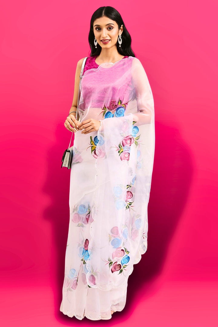 white floral saree - white floral organza saree