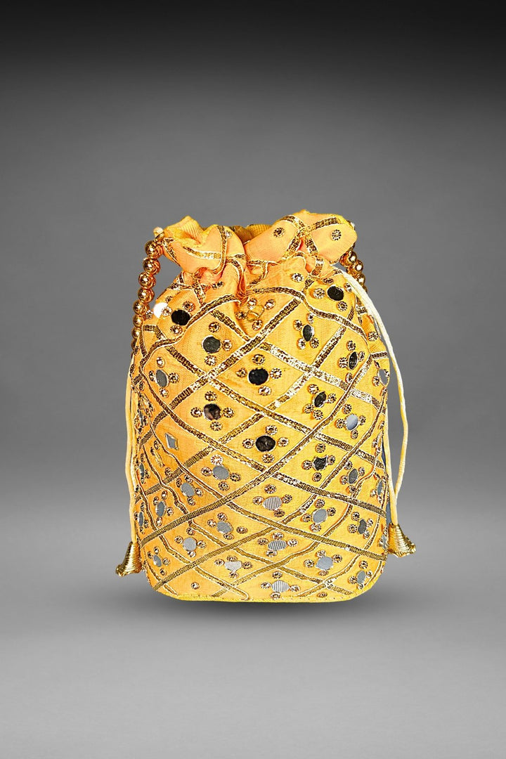 yellow mirror work potli bag