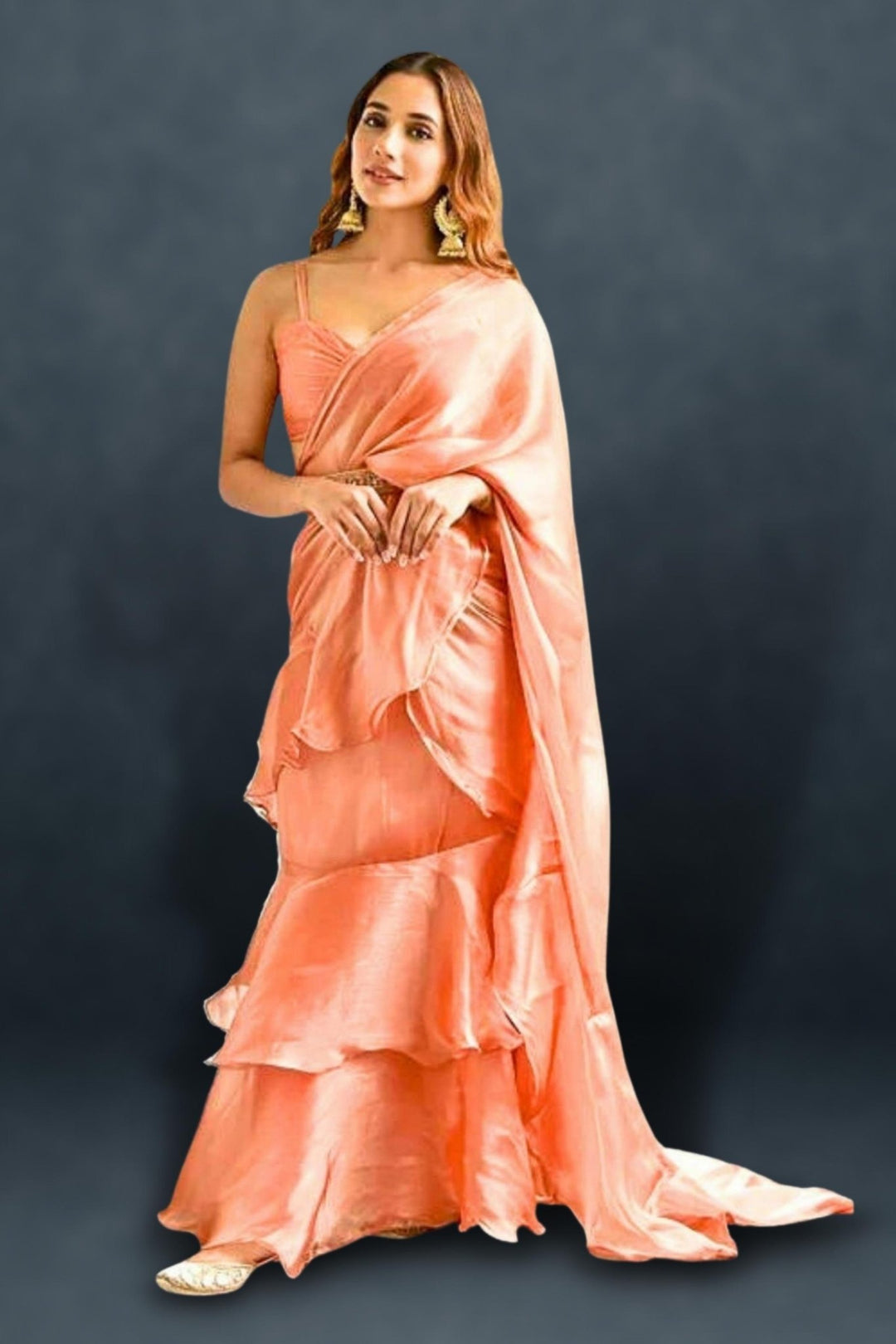 Pre Draped Ruffle Saree - ruffle saree with belt - 3 layer ruffle saree - frill style ruffled saree - frill saree with belt - jhalar wali sadi - modern twist ruffle saree