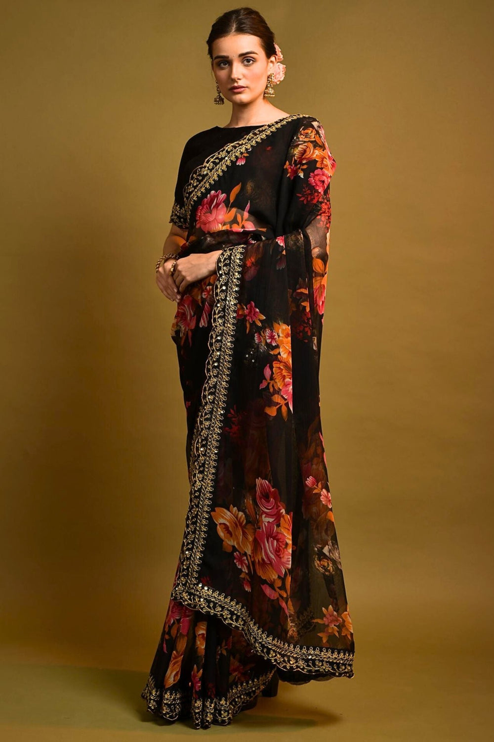 black floral saree - black floral print saree - floral black saree - black flower print saree - black saree with floral print - floral print black saree