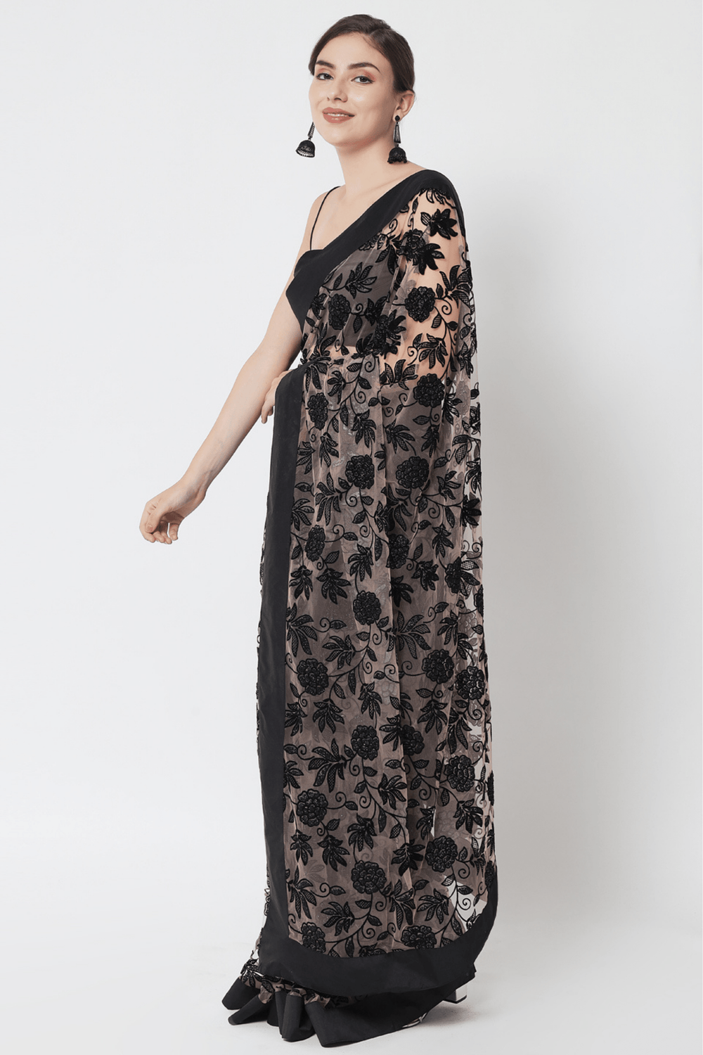 Sttylme - Miracle Velvet Peach Floral Saree